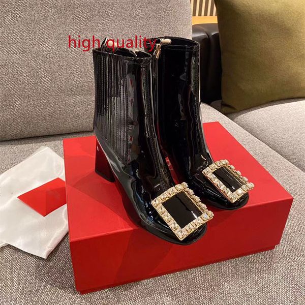 

designer womens boots shoes brand rhinestone square buckle super thick heel martin short semi patent leather fashion western rome stretch mo, Black