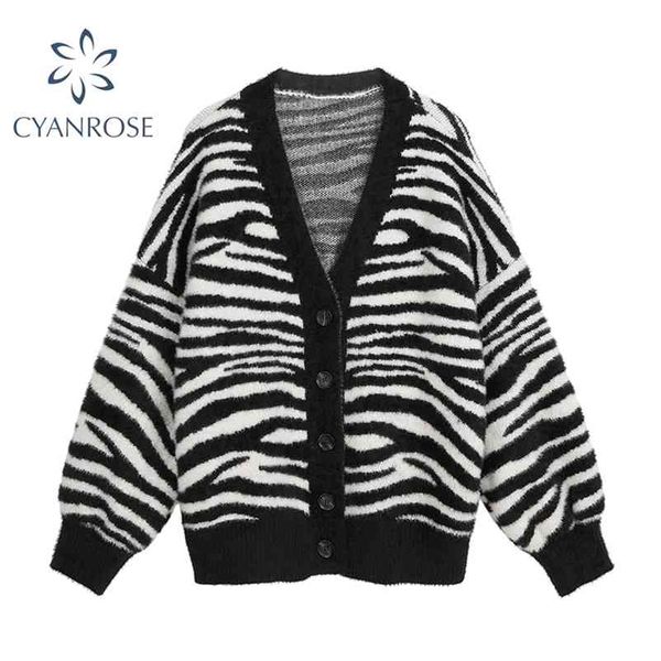 

women sweater jacket oversized knitted cardigans v-neck loose vintage zebra print jumpers long sleeve elegant female coat 210430, White