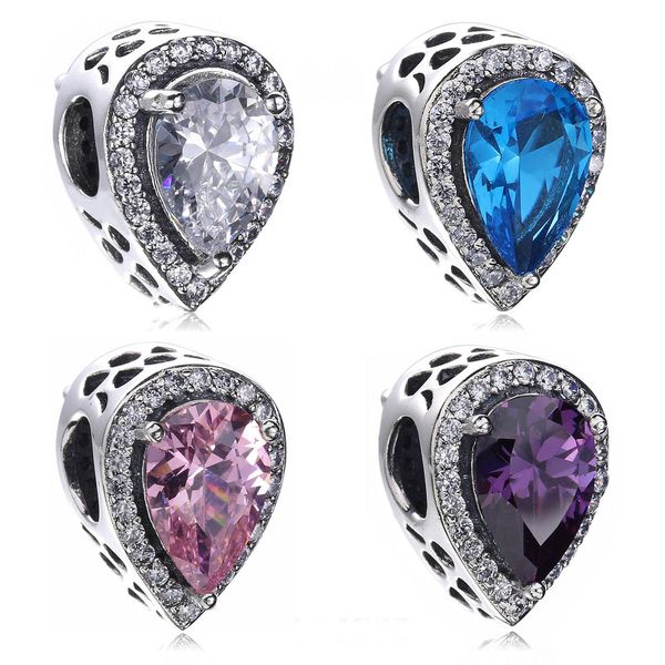 

925 sterling silver tear drop with cz charm bead for european style jewelry bracelets and necklaces, Black