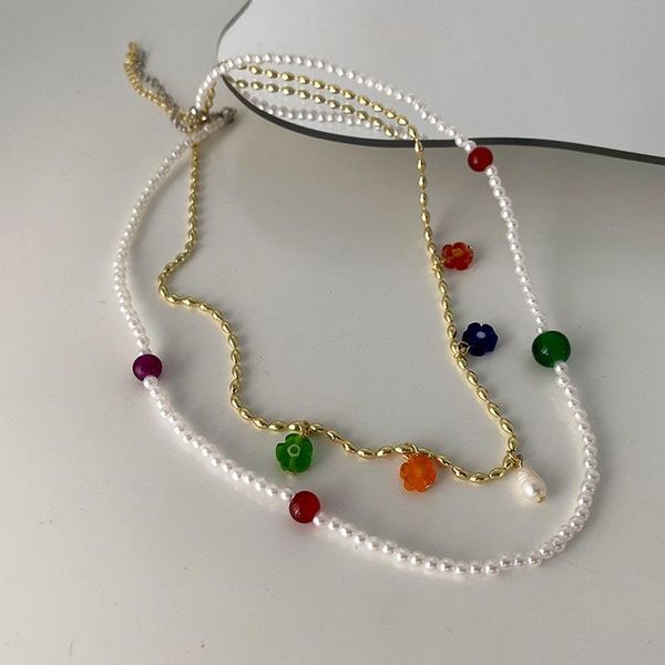 

pendant necklaces origin summer textured double-layer multicolor flower chokers necklace for women imitation pearl bead chain jewelry, Silver