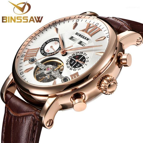 

wristwatches binssaw men automatic mechanical watch tourbillon leather fashion & casual week self-wind watches relogio masculin, Slivery;brown