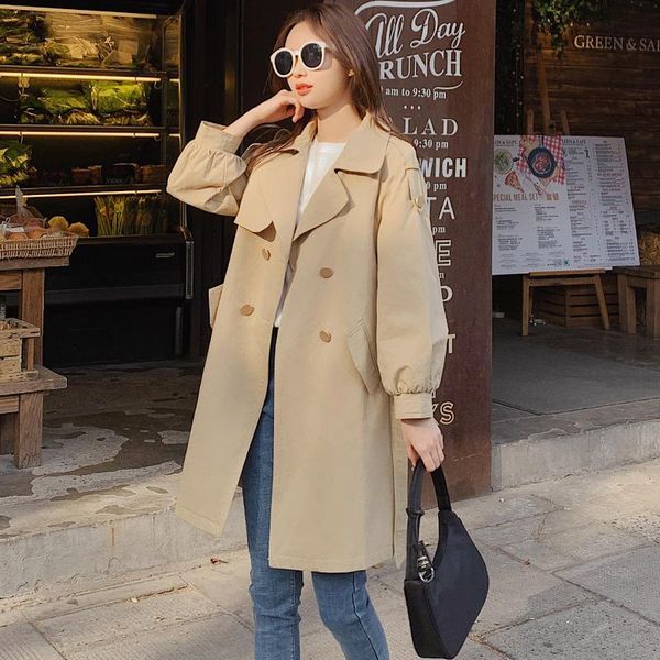 

women's trench coats korean loose solid long coat, Tan;black