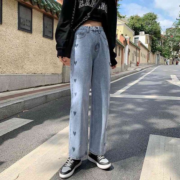 

s-xl women high wiast straight jeans streetwear fashion love heart print denim pants womens loose vintage pants (78577 210423, Blue