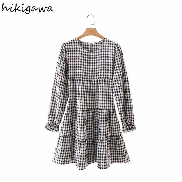 

casual dresses hikigawa woman dress autumn korean o neck long sleeve plaid for women 2021 fashion patchwork elegant vestido de mujer, Black;gray