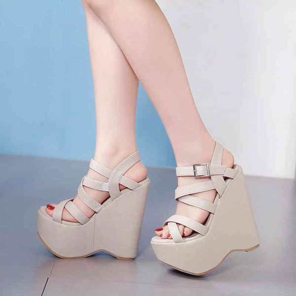 

sandals 16cm high heels platform wedges shoes black with cross straps ladies gladiator chunky huk7