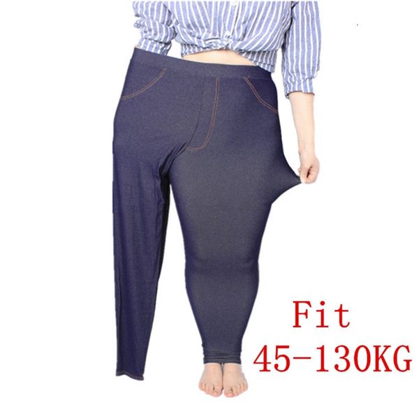 Plus Size Frauen Leggings 5XL Faux Denim Jeans Jeggings Legging Große Marineblau Stretch Skinny Bleistift Hosen Hosen 211204