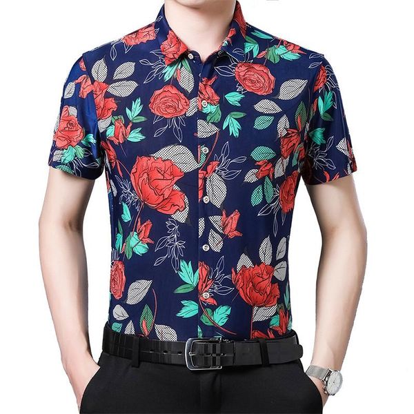 

summer short sleeve slim fit rose printed turn-down collar shirt men flower print hawaiian shirts for chemise homme men's casual, White;black