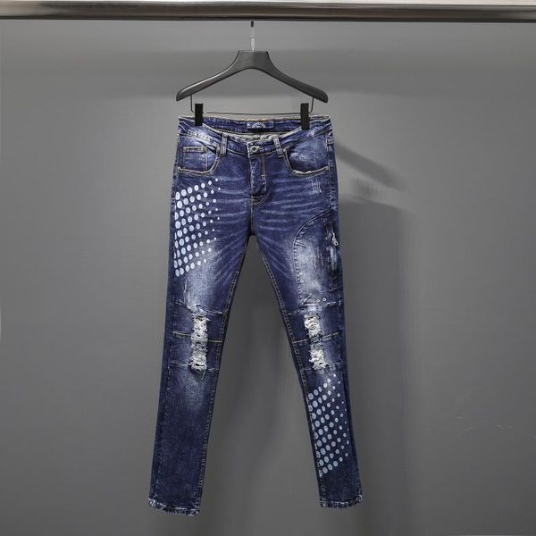 

men's jeans jeans. printed wash wear with holes. stitching denim,jeans, Blue