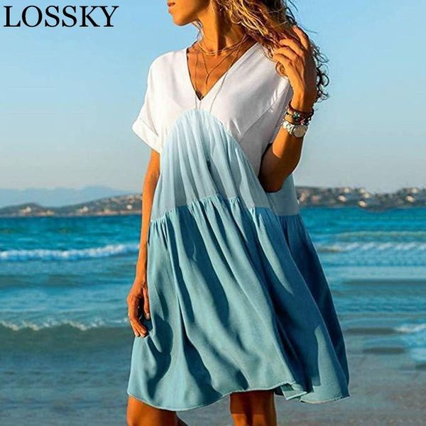 

women summer boho loose mini dress casual short sleeve v neck ruffles gradient color patchwork beach basic es vestido 210520, Black;gray