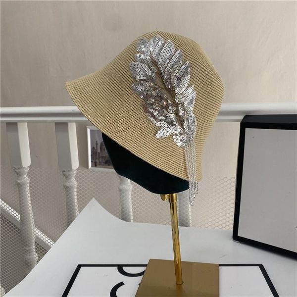 

wide brim hats 202105-shi summer sequined leaves tassels string beads leisure paper lady bucket cap women fishermen hat, Blue;gray