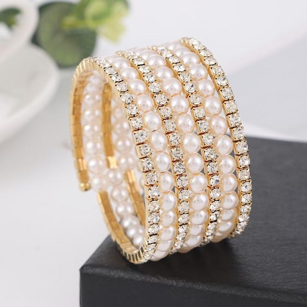 

bangle hocole pearl bracelet ladies rhinestone multi-layer adjustable bangles for women bridal wedding bracelets & jewelry gift, Black
