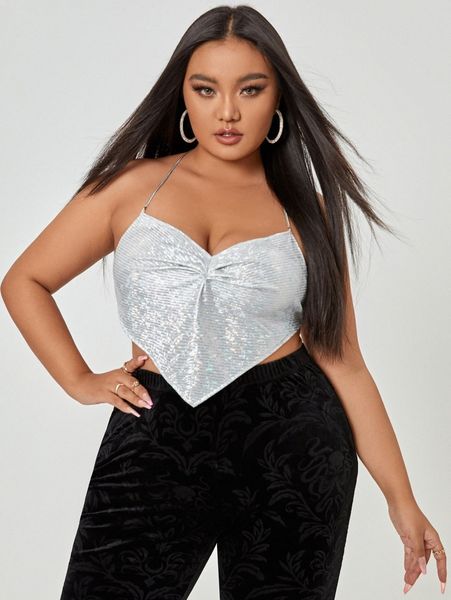 

lesdomakeup x squad plus backless chain strap bandana hem crop metallic halter u7jt#, Black