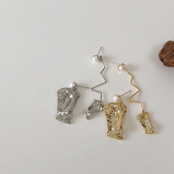 

hoop & huggie s925 silver needle asymmetric face modeling earrings design interesting pearl retro trendy european beauty, Golden;silver