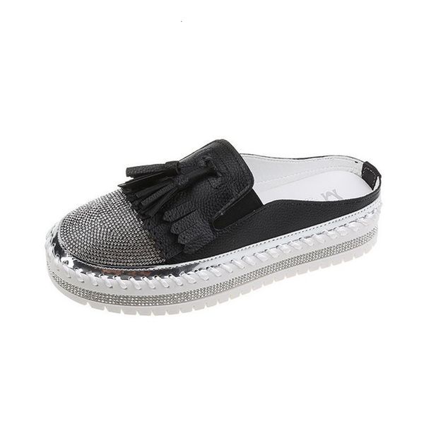 

sandals chinelos sandálias femininas casual preguiçoso um pedal plana strass franjas senhoras vestido de festa sapatos verão ins moda nova 7, Black