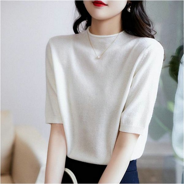 

fashion mock neck women t shirt spring autumn knitted sweaters casual loose half sleeve pullover solid jumper t-shirt femme 211103, White;black