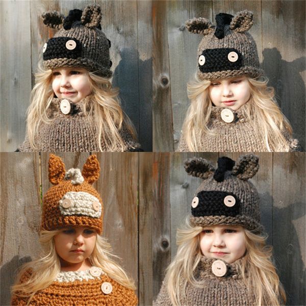 

children's hat of new-style knitting cute little animal donkey horse handmade wool hats neck two piece set, Blue;gray