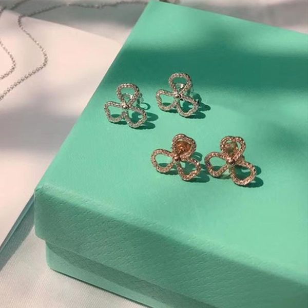 

zircon clover earrings for women girl ladies birthday valentine gift fashion 1:1 brand jewelry s925 stud, Golden;silver