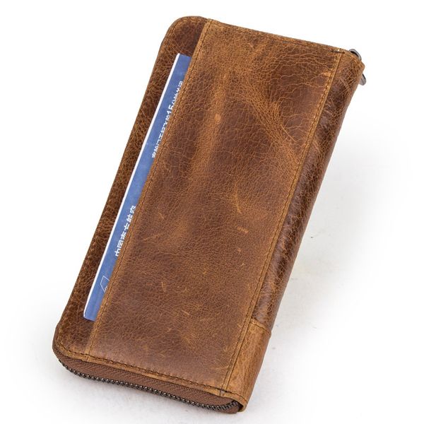 

retro style cowhide rfid anti-theft brush men wallet long zipper bag, Red;black
