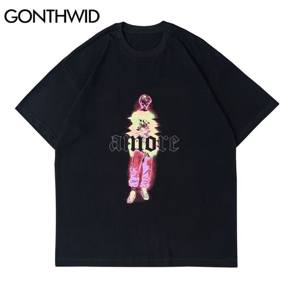 

tshirts streetwear creative character print short sleeve tees shirts mens hip hop hipster loose cotton casual 210602, White;black