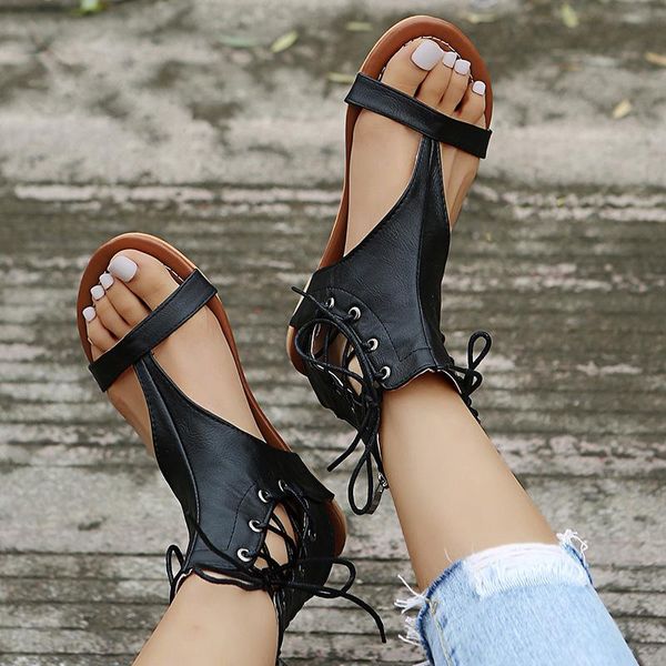 

sandals vintage 2021 ladies leather flat beach shoes plus size 43 summer fashionable brown cross belt ladie, Black