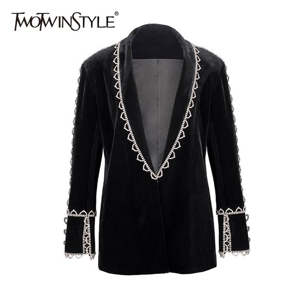 

twotwinstyle diamond velour blazer for women v neck long sleeve casual black blazers female fashion clothes autumn 210517, White;black