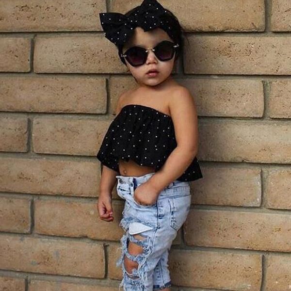 Mädchen passt Kleinkind Sommer Punkt aus Schulter T-Shirts Tops Hole Denim Hosen Sets Kinder Haarband 3 Stück Jeans 210413