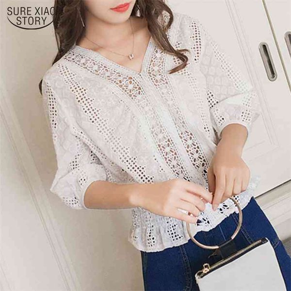 

korean style solid lace blouse women blusas mujer de moda summer vintage elegant patchwork clothes 9248 210506, White