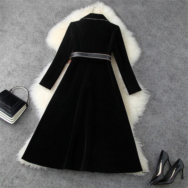 

wools runway fashion winter velvet trench coat for women turn down collar beading outerwear celebrity dress party, Black