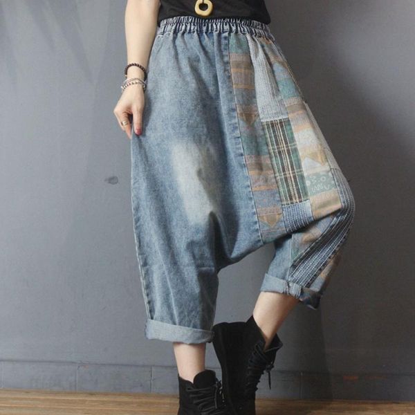 

women's jeans plaid patchwork woman cross pants casual denim retro washed large size fashion slimming boyfriend for women, Blue