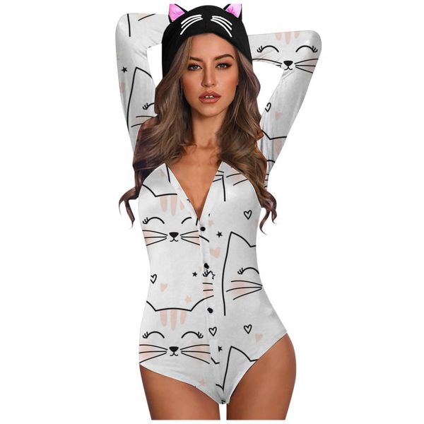 

#a07 long sleeve bodysuit women cute cat print body suit with ears hooded female bodies mujer women's jumpsuits & rompers, Black;white