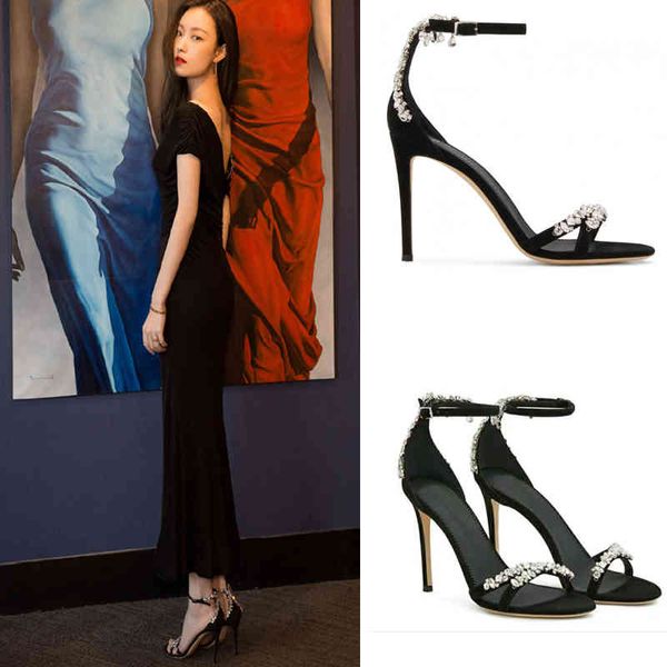 

dress shoes flat sandals women a- line with crystal diamond chain thin heeled open toe high heels q6ns, Black