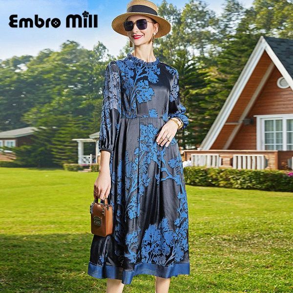 

spring high-end silk print + burn flowers dress women folds neck stitching zipper loose waist lady clothing -xxl casual dresses, Black;gray
