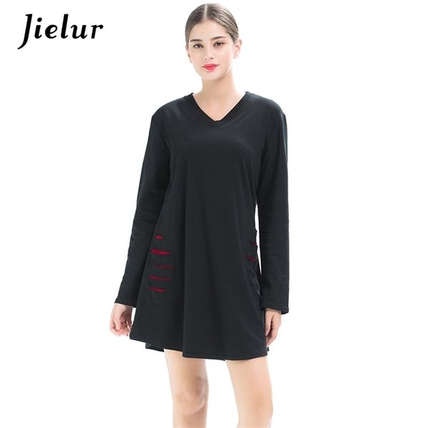 

spring fall v-neck lady's t-shirt full sleeve holes loose t-shirts for women simple black plus size -4xl female 210426, White