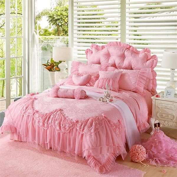 

bedding sets pink lace princess wedding luxury set king  size silk cotton stain bed girls duvet cover bedspread pillowcase