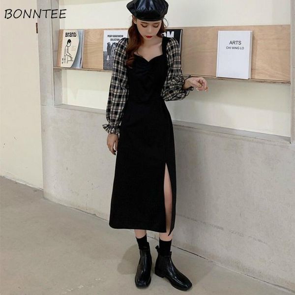 

casual dresses dress women puff sleeve patchwork vintage retro french style elegant sweet split chic ladies girls ins fashion arrival, Black;gray