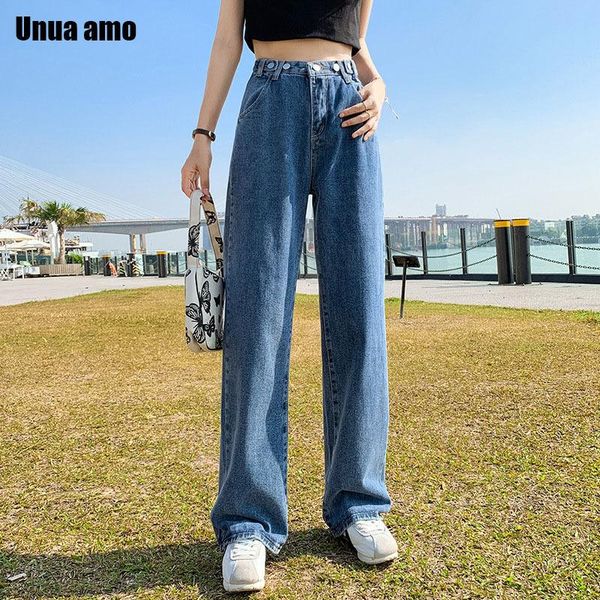 

women's jeans unua amo adjustable high waist woman baggy full length tousers fashion wild streetwear casual denim pants for women 2021, Blue