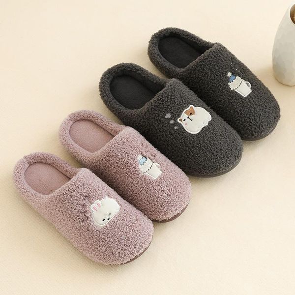 

women indoor slippers cartoon style soft plush lovers home cotton slides winter shoes woman men house floor warm slipper, Black