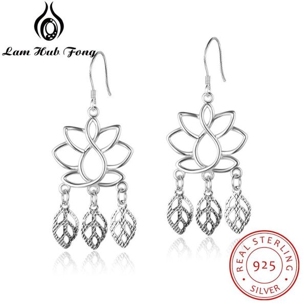 

dangle & chandelier 925 sterling silver lotus flower drop earrings for women hollow leaf wedding accessories gift (lam hub fong)