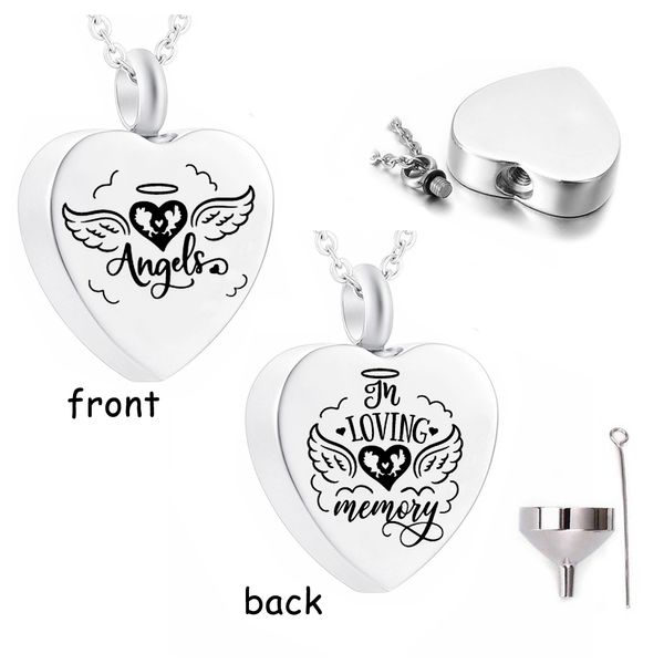 

double-sided carved heart pendant angel wings cremation urn for ashes memorial jewelry, Silver