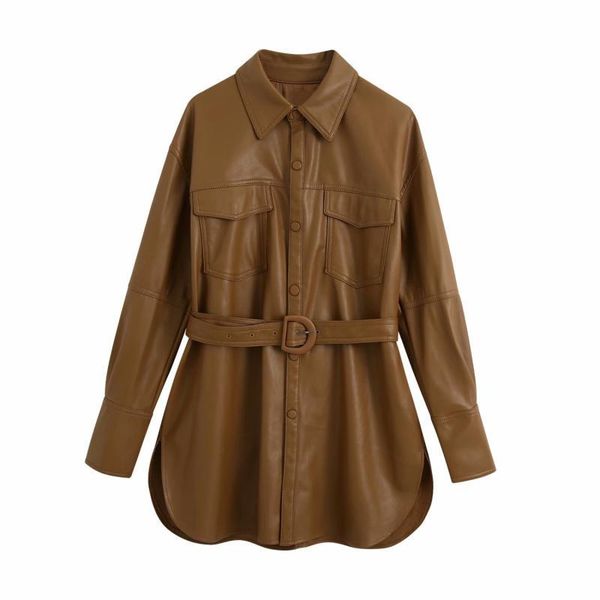 

women's jackets european and american style women pu shirt jacket wild loose nice spring autumn belt imitation leather coat ns2470, Black;brown