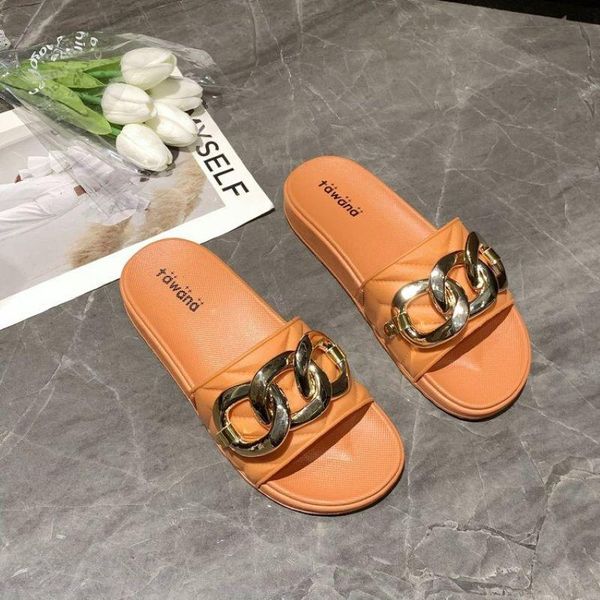 

slippers 2021 women metal chain open toe sandals candy colors flat platform indoor home bathroom ladies flip flops, Black