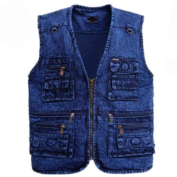 Gilet da uomo Capispalla gilet in denim colore blu intenso giacca senza maniche taglie forti Multitasche da XL a 5XL 210925