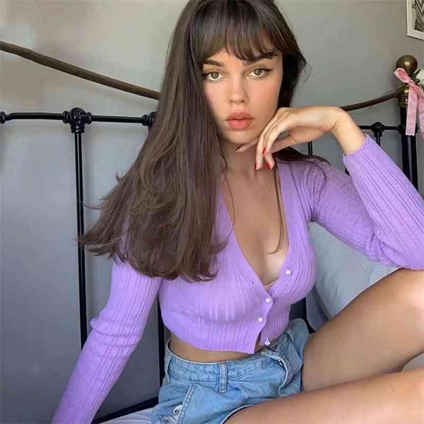 

knitted purple korean sweater cardigans women vintage solid female causal soft white autumn winter 210427, White;black