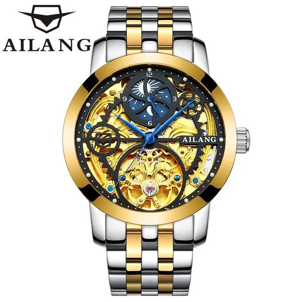 

wristwatches ailang casual luminous moon phase leather strap business tourbillon automatic skeleton men watches sport relogio masculino 6812, Slivery;brown