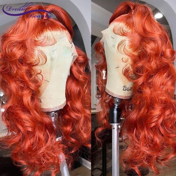 

lace wigs red colored ginger wavy front human hair for women 13x4 frontal wig long malaysian dream beauty, Black;brown