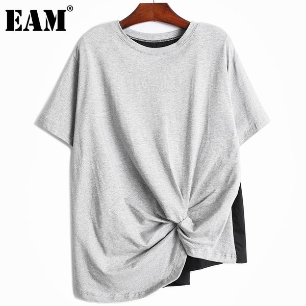 

[eam] women black big size casual asymmetrical ruched t-shirt round neck short sleeve fashion spring summer 1dd8278 21512, White