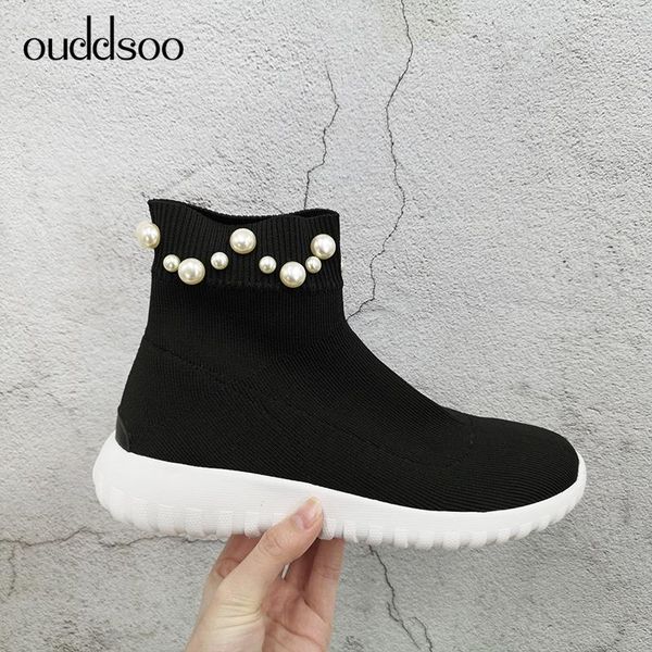 

boots ods elastic knit sock ladies woman round toe platform flats pearl short for women fabric stretch ankle boot low heel, Black