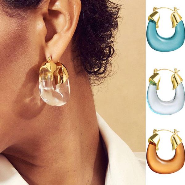 

hoop & huggie trendy transparent resin earrings women geometric round circle gold color copper alloy statement jewelry, Golden;silver