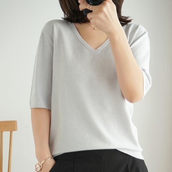 

v-neck short-sleeved sweater bottoming shirt women's t-shirt loose thin solid color pullover spring summer 210408, White