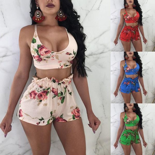 

women's tracksuits 2021 summer fashion print spaghetti straps deep o neck sleeveless backless corp elastic waist shorts lady, Gray